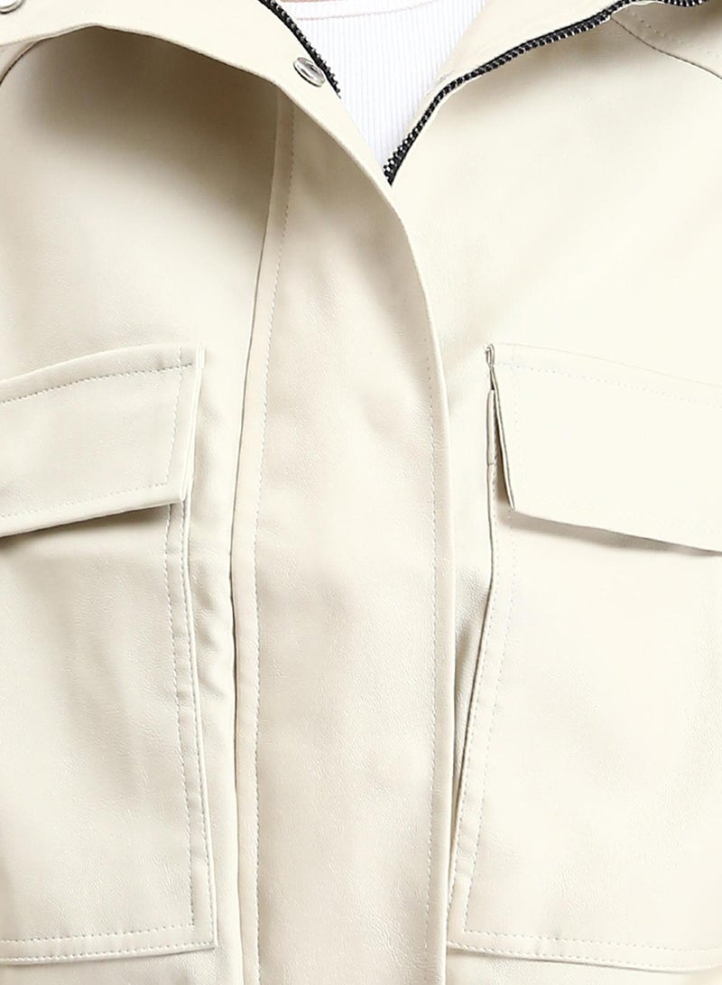 RAVIN Women Double Closure Leather Jacket With Hem Light Beige - Image 3